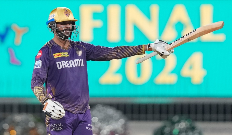 Kolkata Knight Riders batter Venkatesh Iyer celebrates scoring fifty in the final of IPL 2024